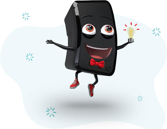 Chargii, a cartoon mascot , smiles and jumps in the air while holding a light bulb