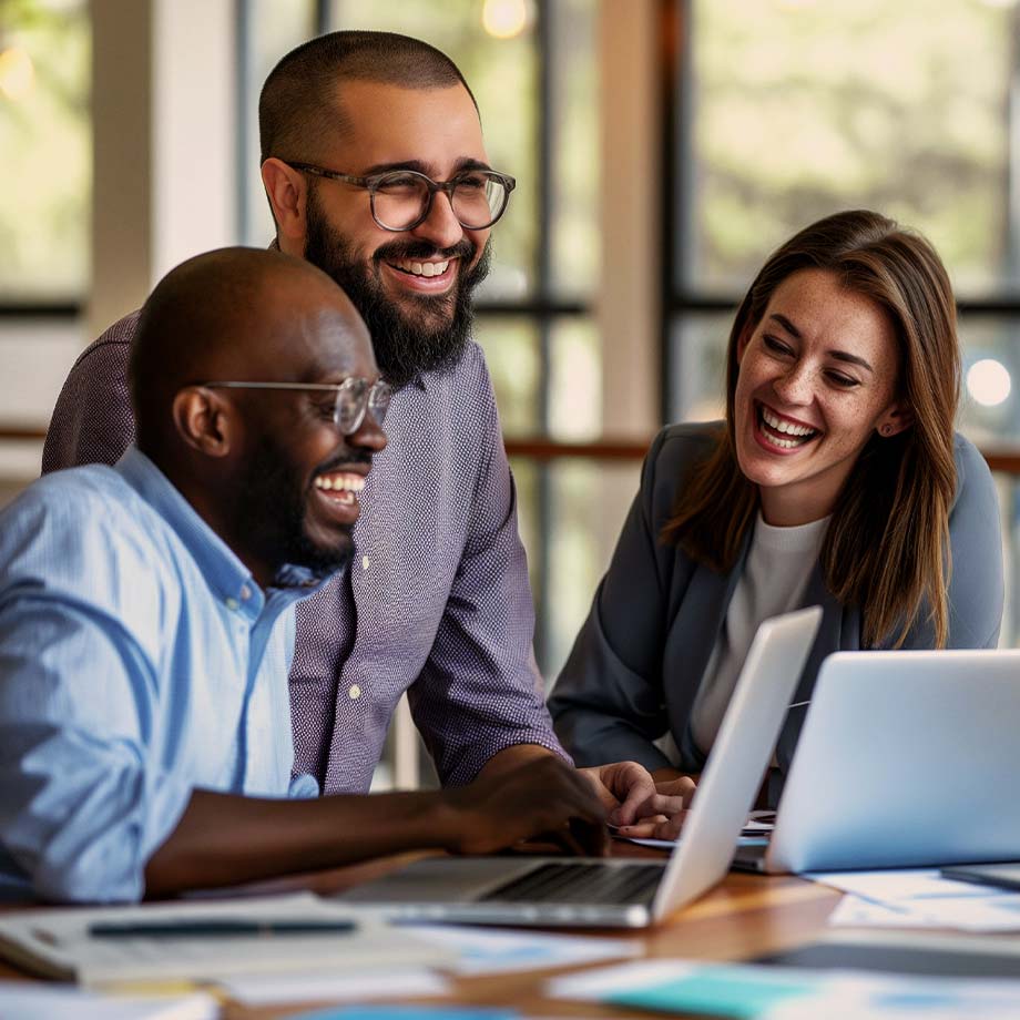 Two men and a woman smile while looking at a laptop